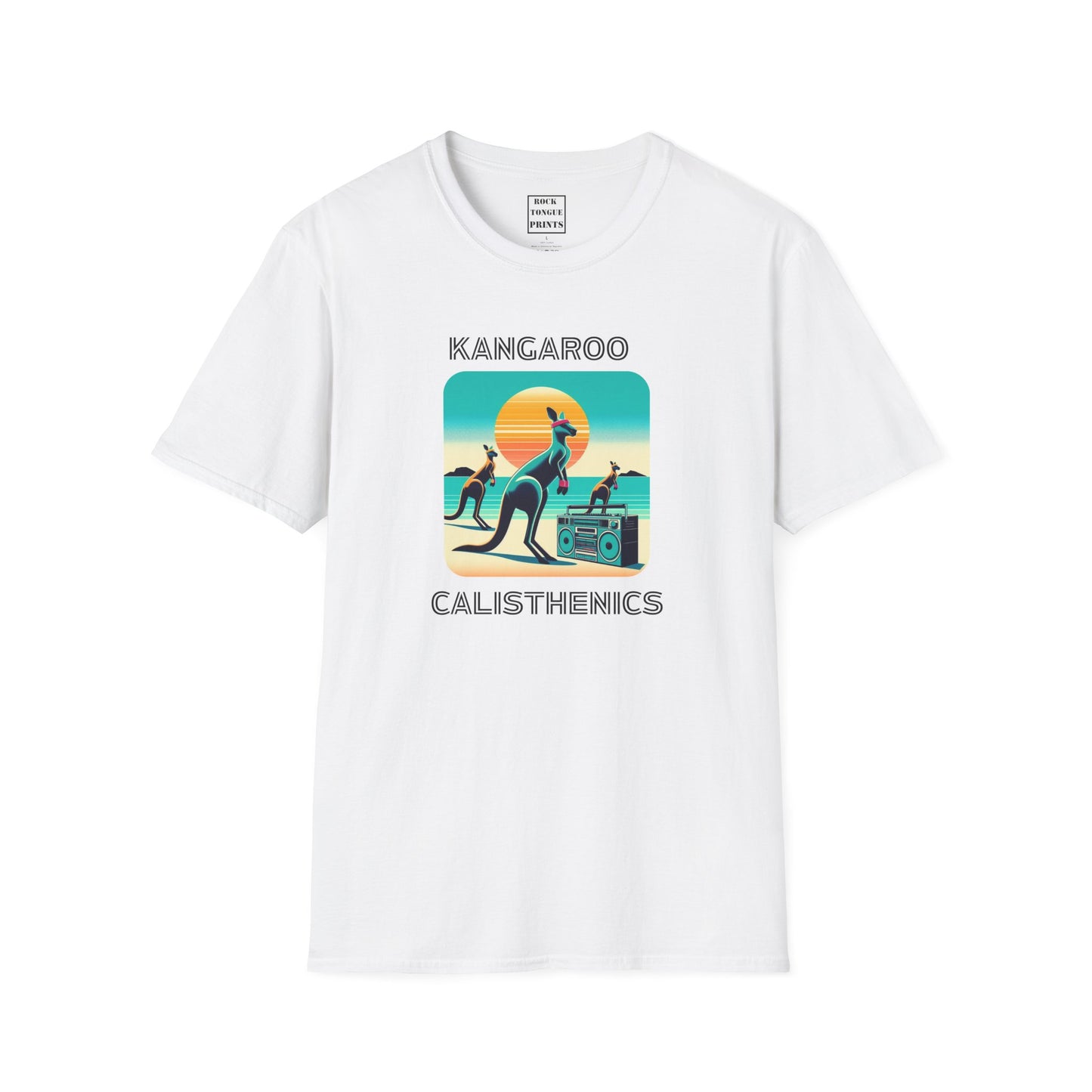 Picture of t-shirt with AI-generated image of kangaroos doing calisthenics.