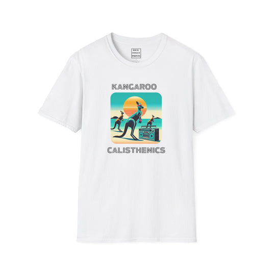 Picture of t-shirt with AI-generated image of kangaroos doing calisthenics.