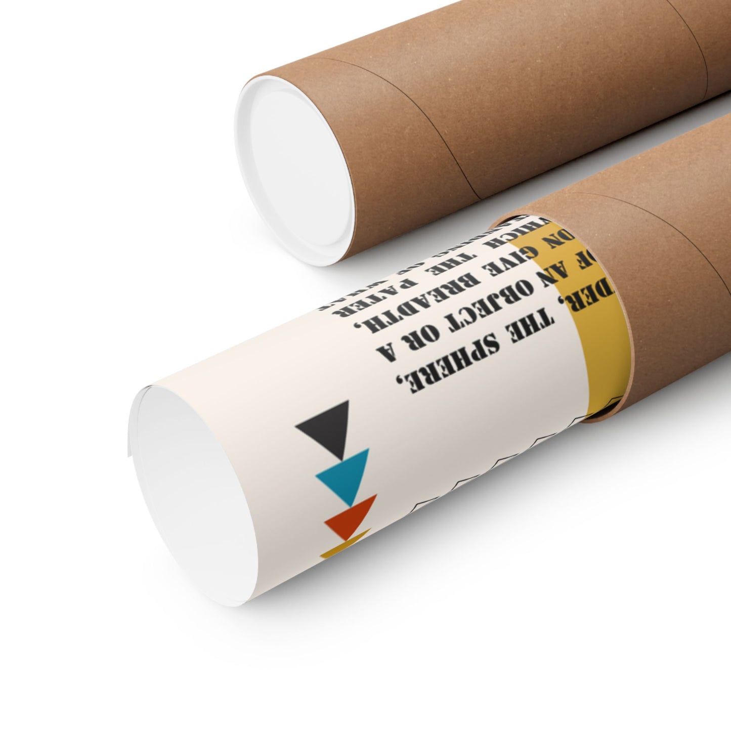 Image of "Art Quote Poster, A Sides" rolled up in shipping tube, with variation of minimalist Bauhaus-style design and quotes about art from Matisse, Hegel, Kant, and others.