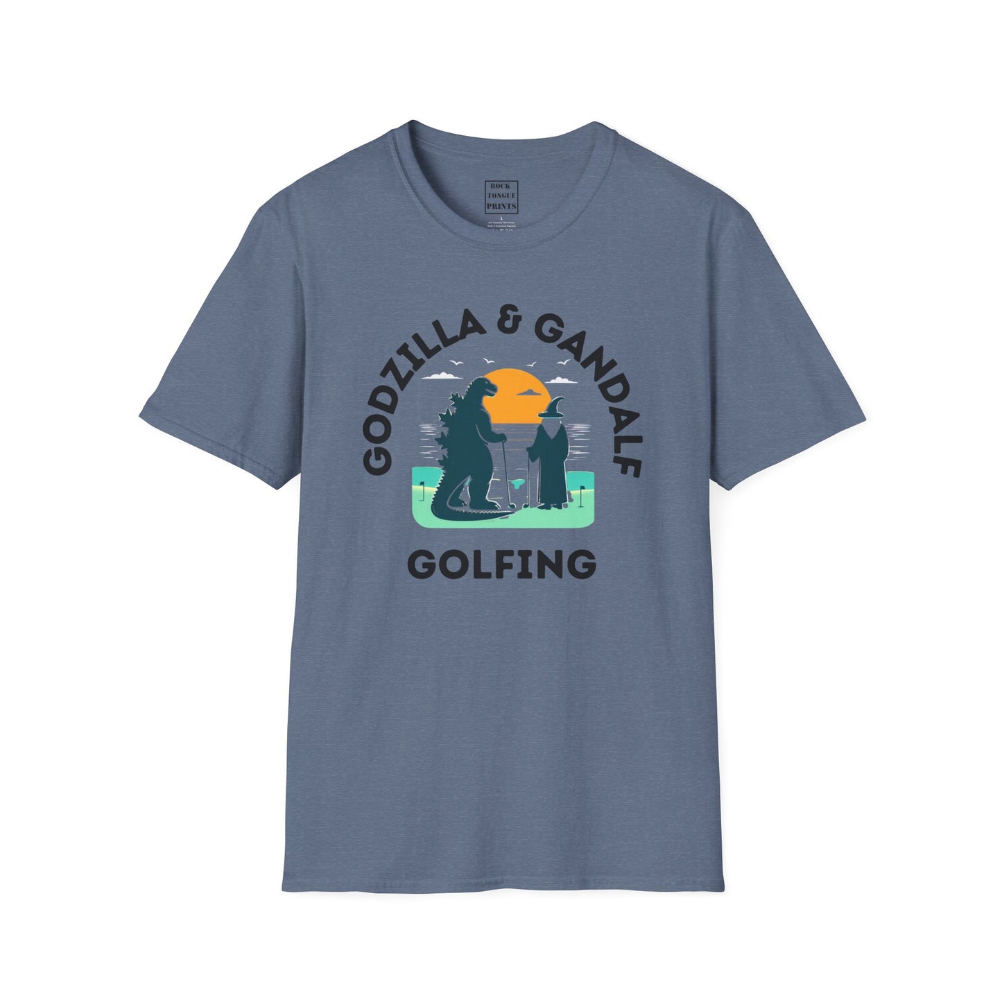 Godzilla & Gandalf Golfing (Unisex Crew T-Shirt) | Rock Tongue Prints
