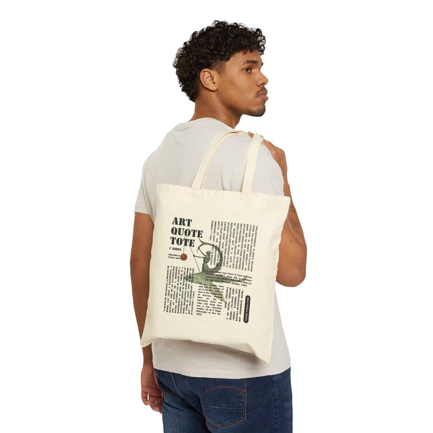 Image of cotton canvas tote held by man over his shoulder, with large blocks of art-specific text superimposed over an image from a painting by Hieronymous Bosch.