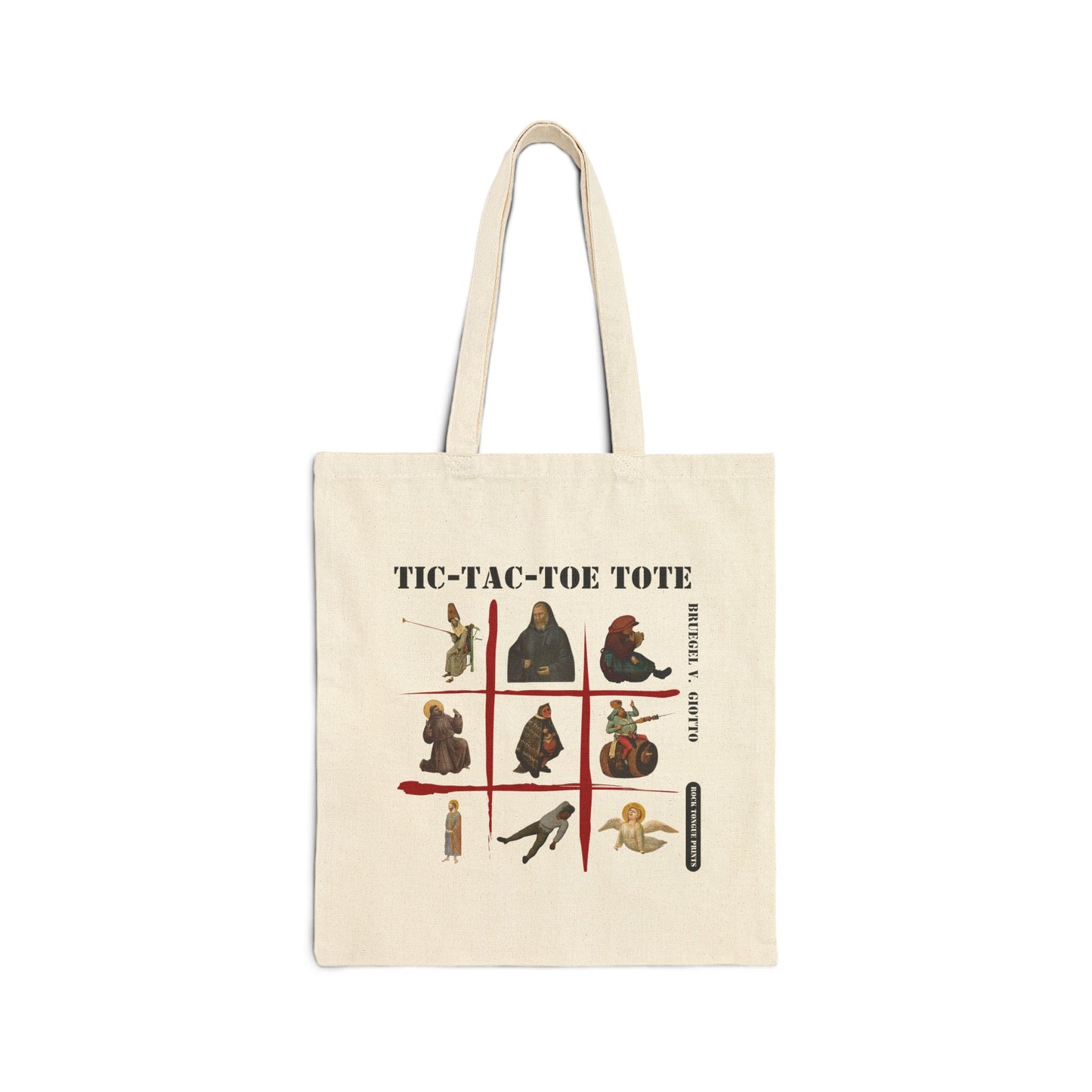 Image of cotton canvas tote with ti-tac-toe board filled with details from paintings by Breugel and Giotto instead of x's and o's.