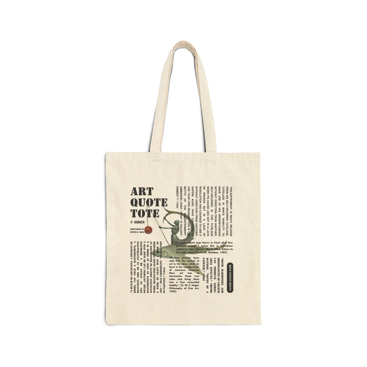 Image of cotton canvas tote with large blocks of art-specific text superimposed over an image from a painting by Hieronymous Bosch.