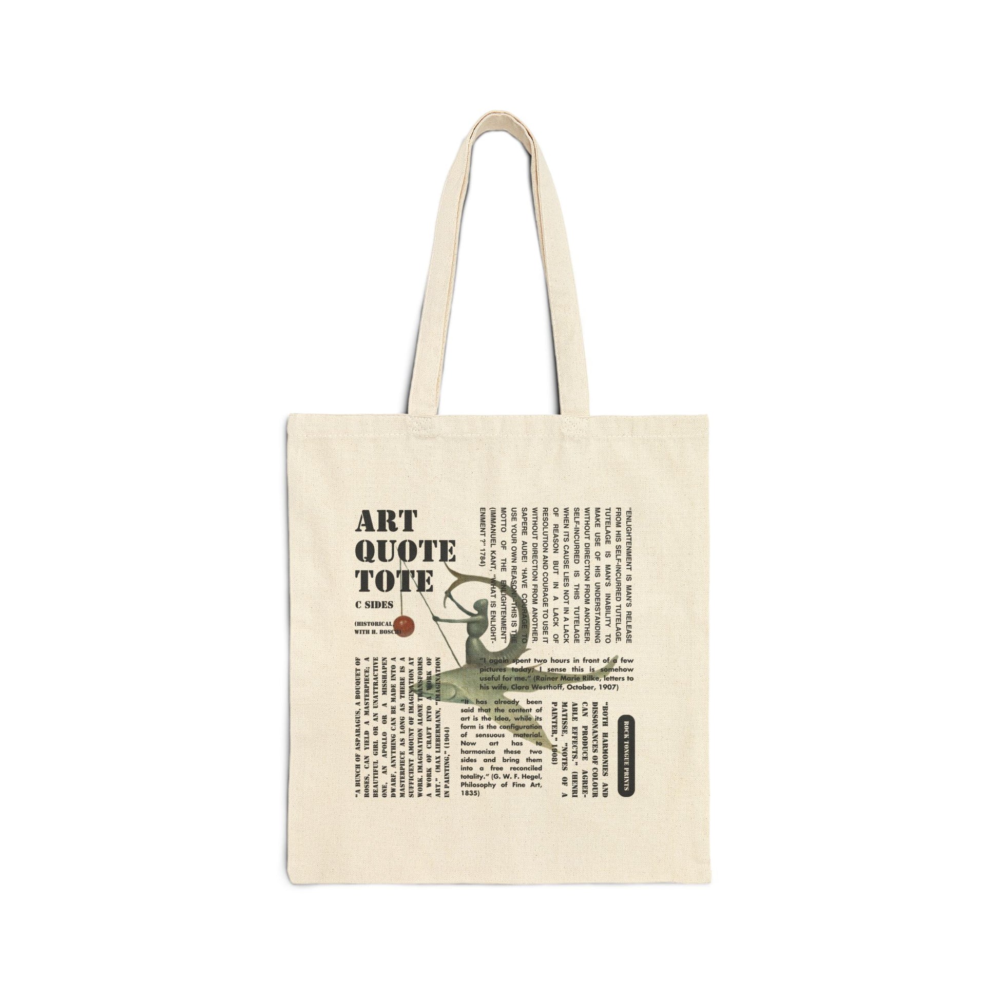 Image of cotton canvas tote with large blocks of art-specific text superimposed over an image from a painting by Hieronymous Bosch.