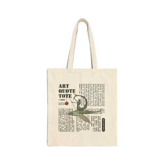 Image of cotton canvas tote with large blocks of art-specific text superimposed over an image from a painting by Hieronymous Bosch.