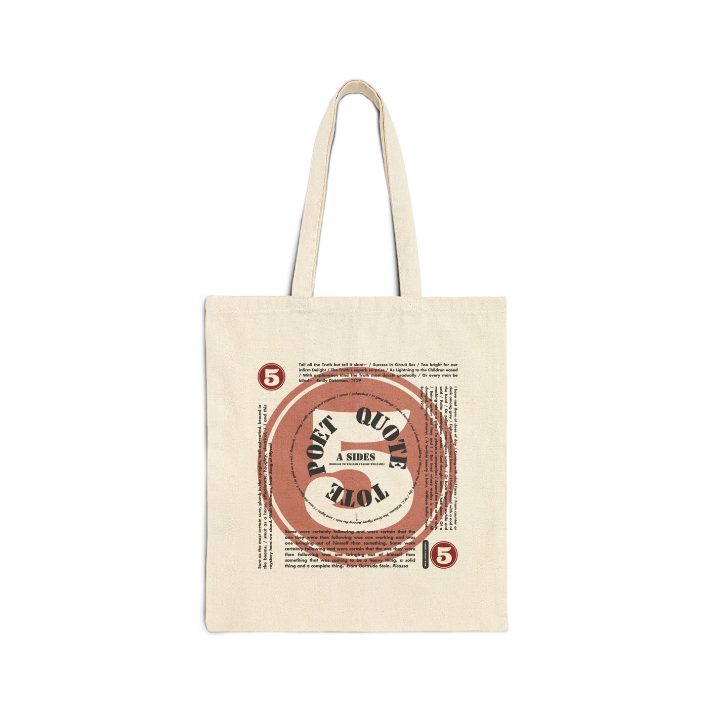 Image of cotton canvas tote with poetry quotes, especially WIlliam Carlos Williams.