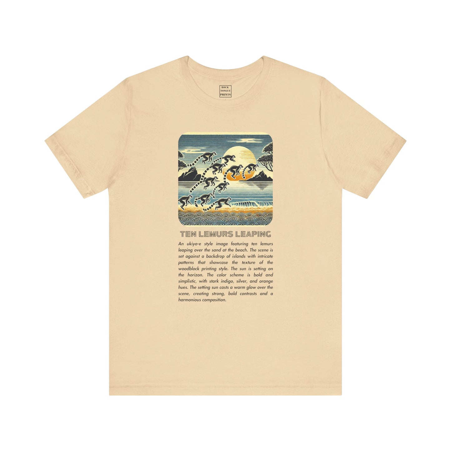 Picture of t-shirt with AI-generated image of ten lemurs leaping above the text prompt from which the image was generated.
