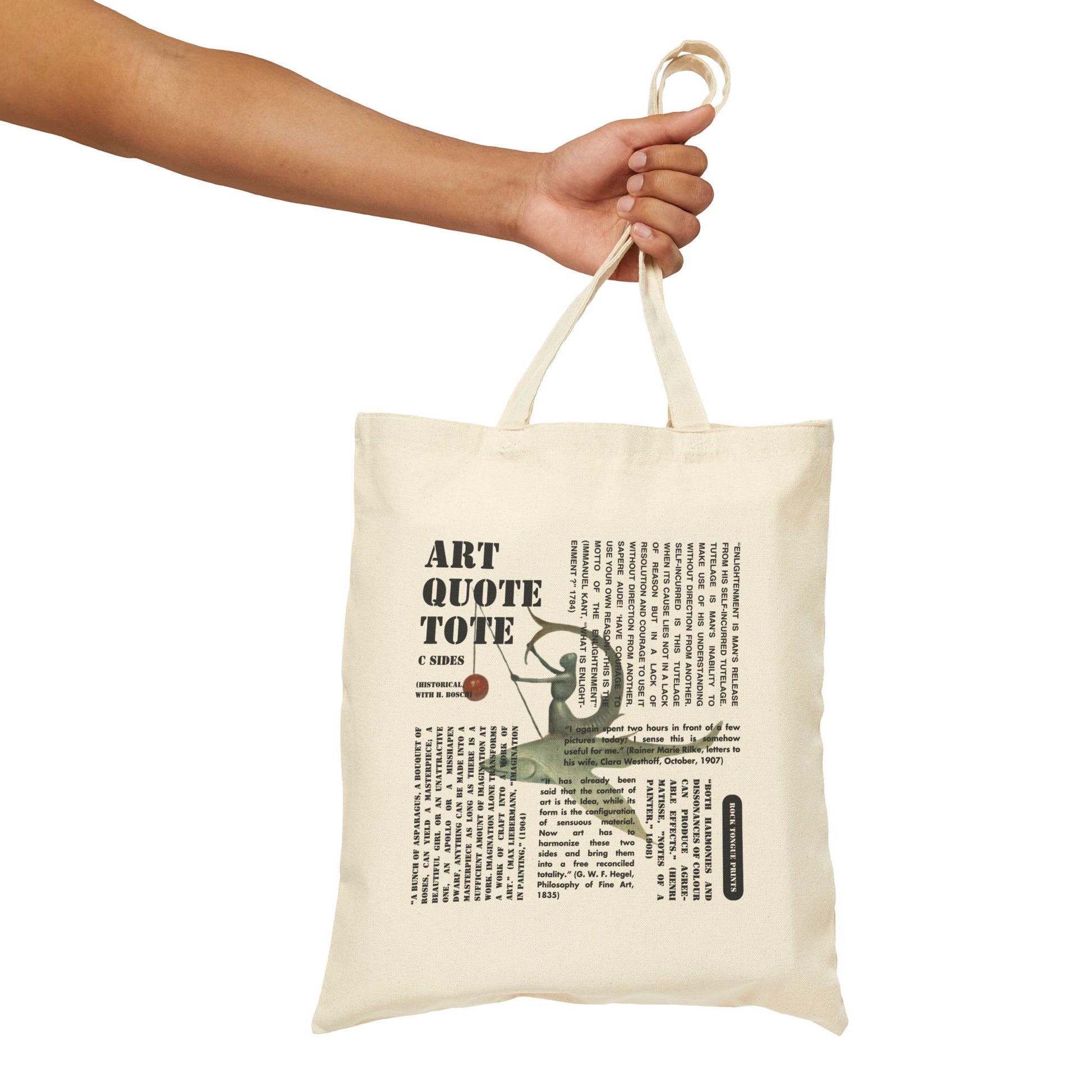 Image of cotton canvas tote held by hand, with large blocks of art-specific text superimposed over an image from a painting by Hieronymous Bosch.