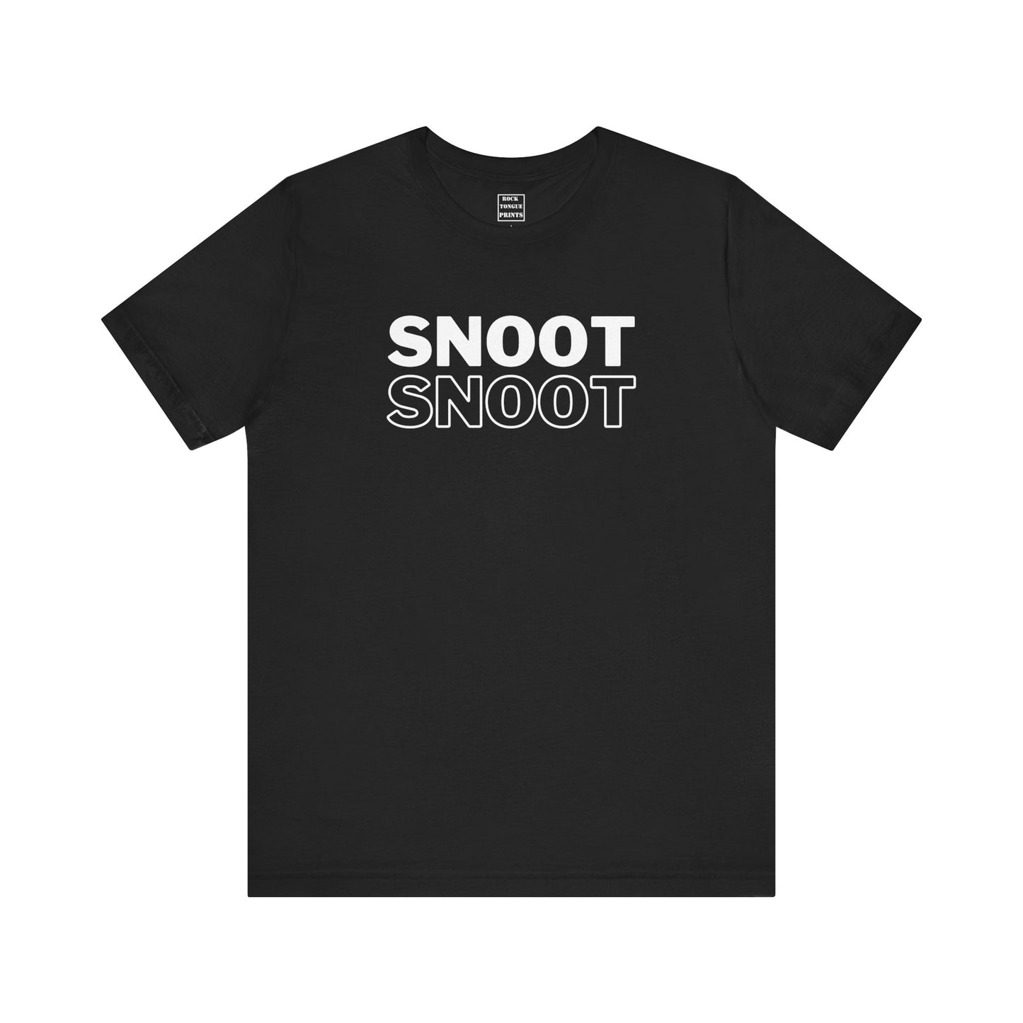 A forest green short-sleeve unisex t-shirt with the word "snoot" twice, one in block-color white and below it in outline.