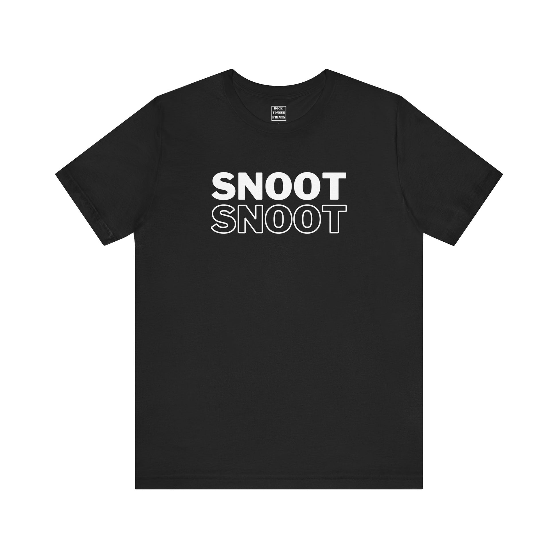 A forest green short-sleeve unisex t-shirt with the word "snoot" twice, one in block-color white and below it in outline.