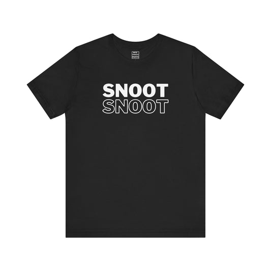 A forest green short-sleeve unisex t-shirt with the word "snoot" twice, one in block-color white and below it in outline.
