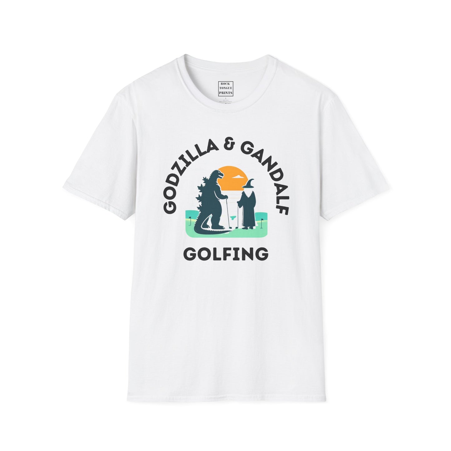 Picture of t-shirt with AI-generated image of Godzilla and Gandalf golfing.