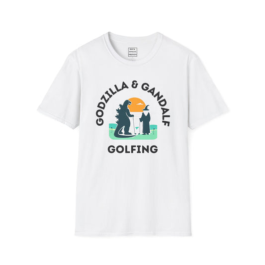 Picture of t-shirt with AI-generated image of Godzilla and Gandalf golfing.