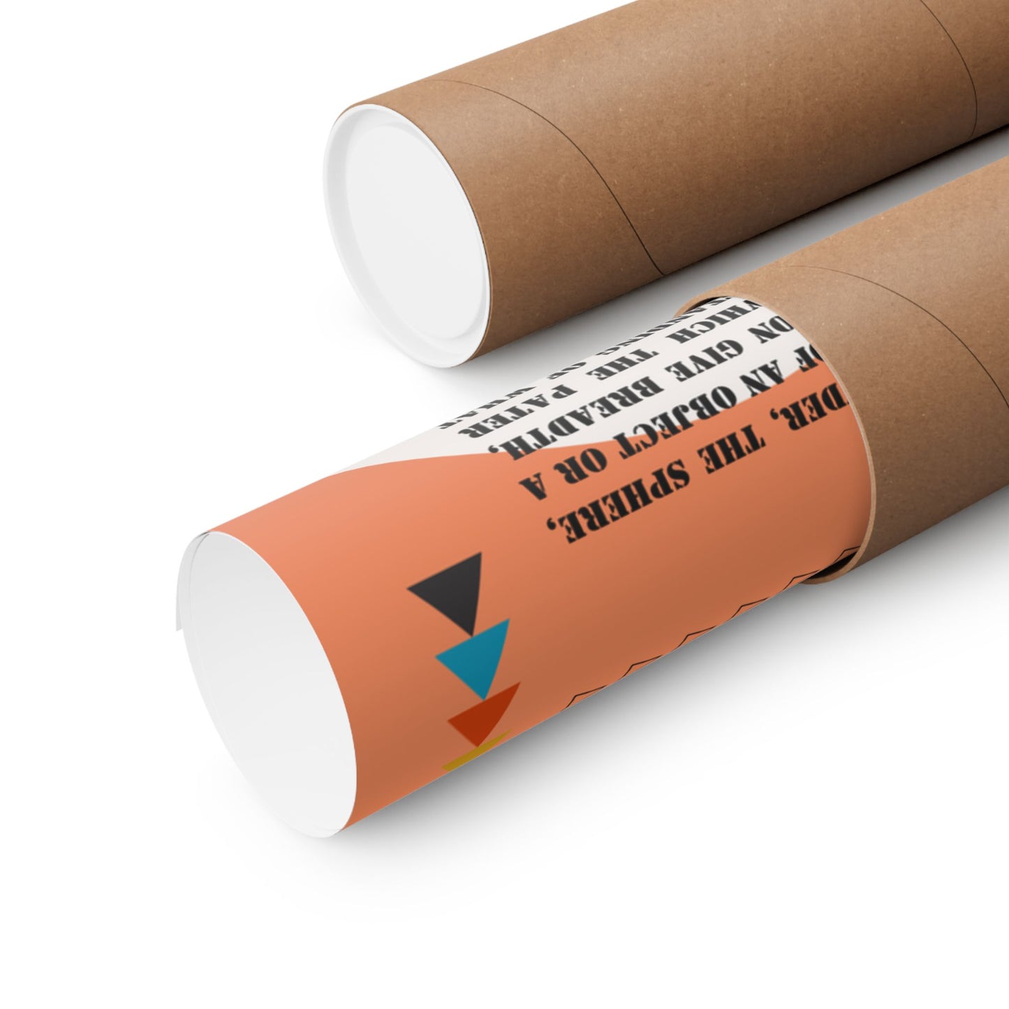 Image of "Art Quote Poster" rolled up in shipping tube, with Bauhaus-style design and quotes about art from Matisse, Cezanne, Kant, and others.