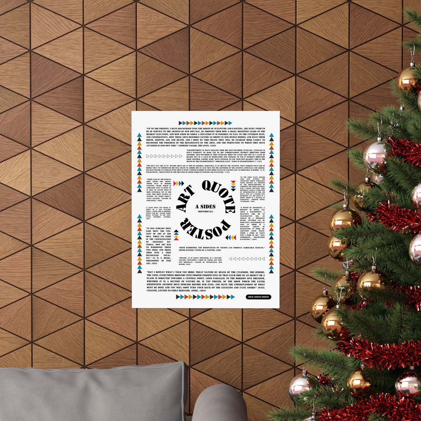 Image of "Art Quote Poster, A Sides" set on wall beside Christmas tree, with minimalist Bauhaus-style design and quotes about art from Matisse, Hegel, Kant, and others.