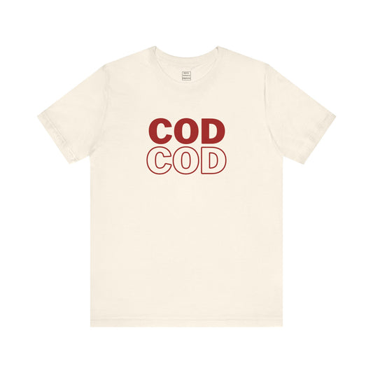 Image of "Cod" t-shirt with the word mirroring itself in red on top and outlined on bottom.