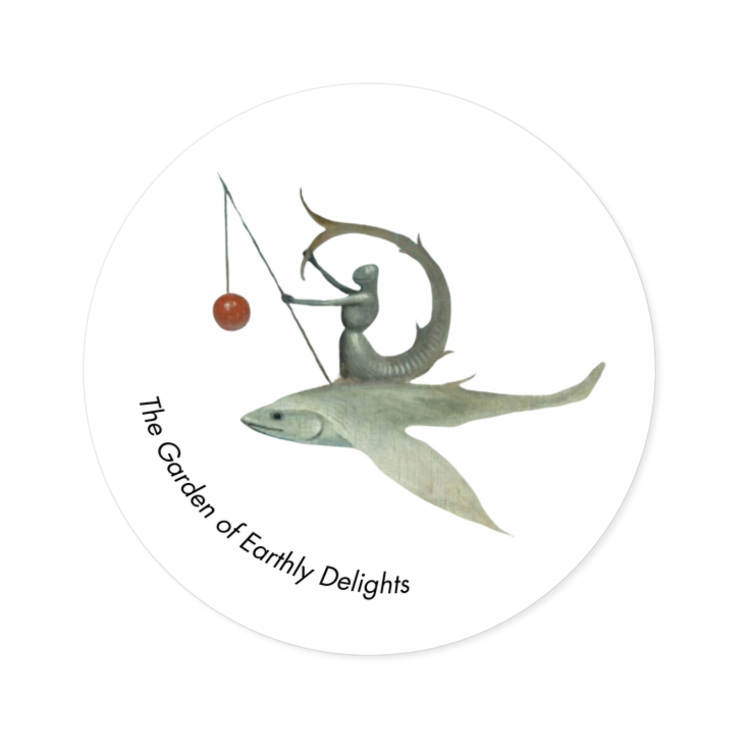Image of round sticker with detail from Hieronymus Bosch painting and words "The Garden of Earthly Delights."
