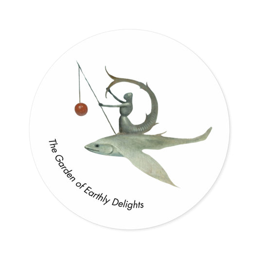 Image of round sticker with detail from Hieronymus Bosch painting and words "The Garden of Earthly Delights."