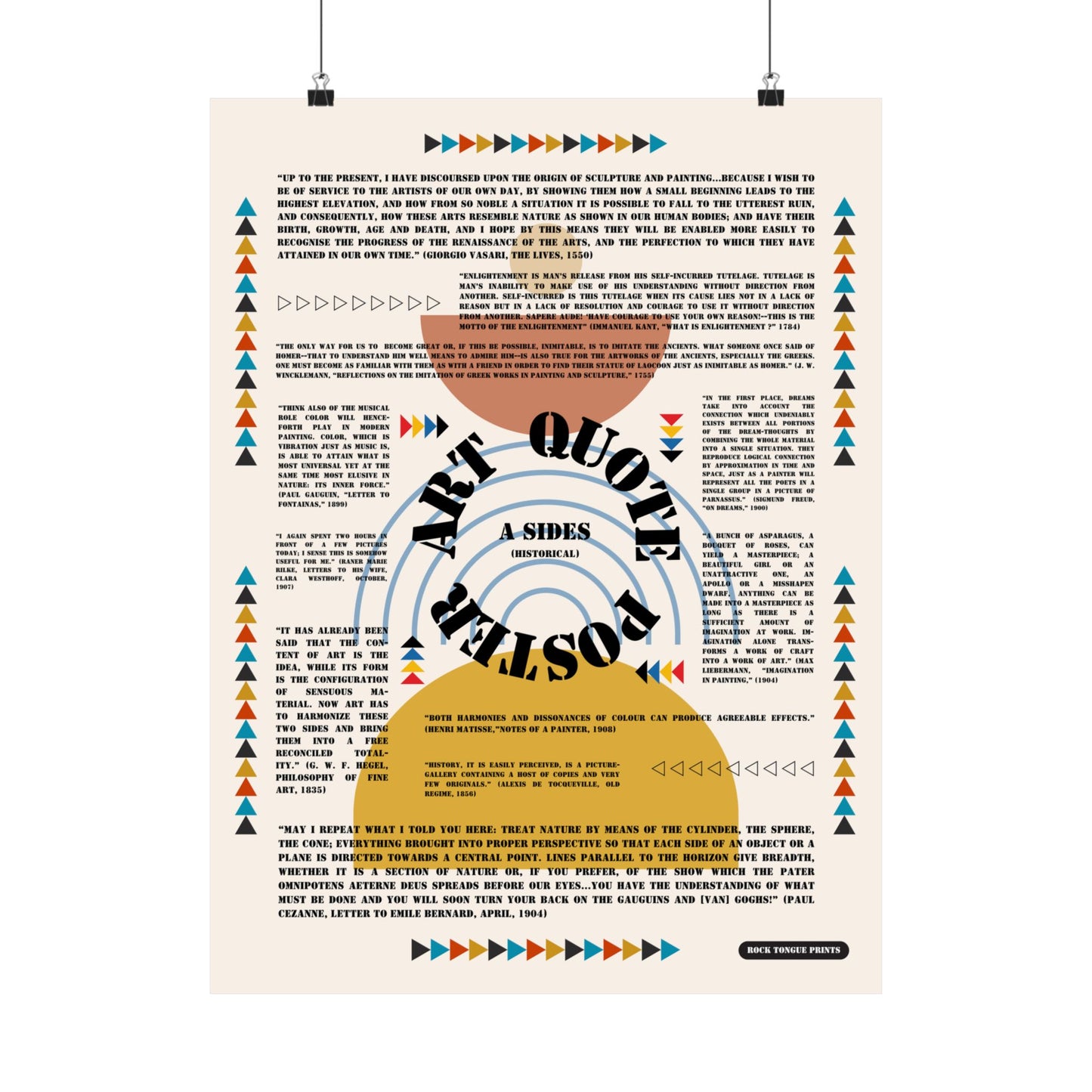 Image of "Art Quote Poster, A Sides" with variation of minimalist Bauhaus-style design and quotes about art from Matisse, Hegel, Kant, and others.