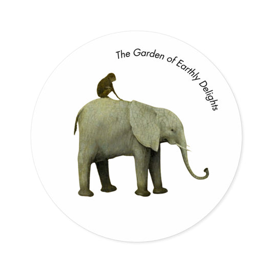 Image of round sticker with detail from Hieronymus Bosch painting and the words "The Garden of Earthly Delights."