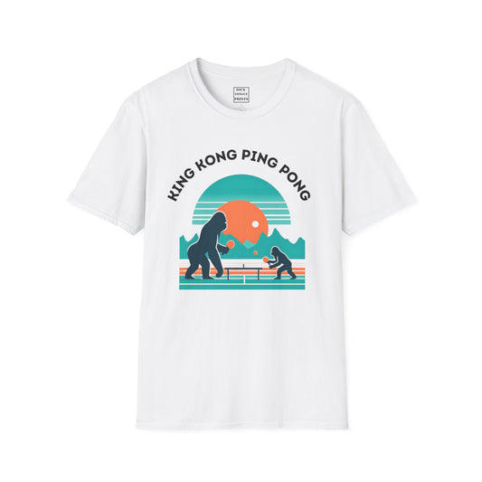 Picture of t-shirt with AI-generated image of two king kongs playing ping pong in a desert landscape.