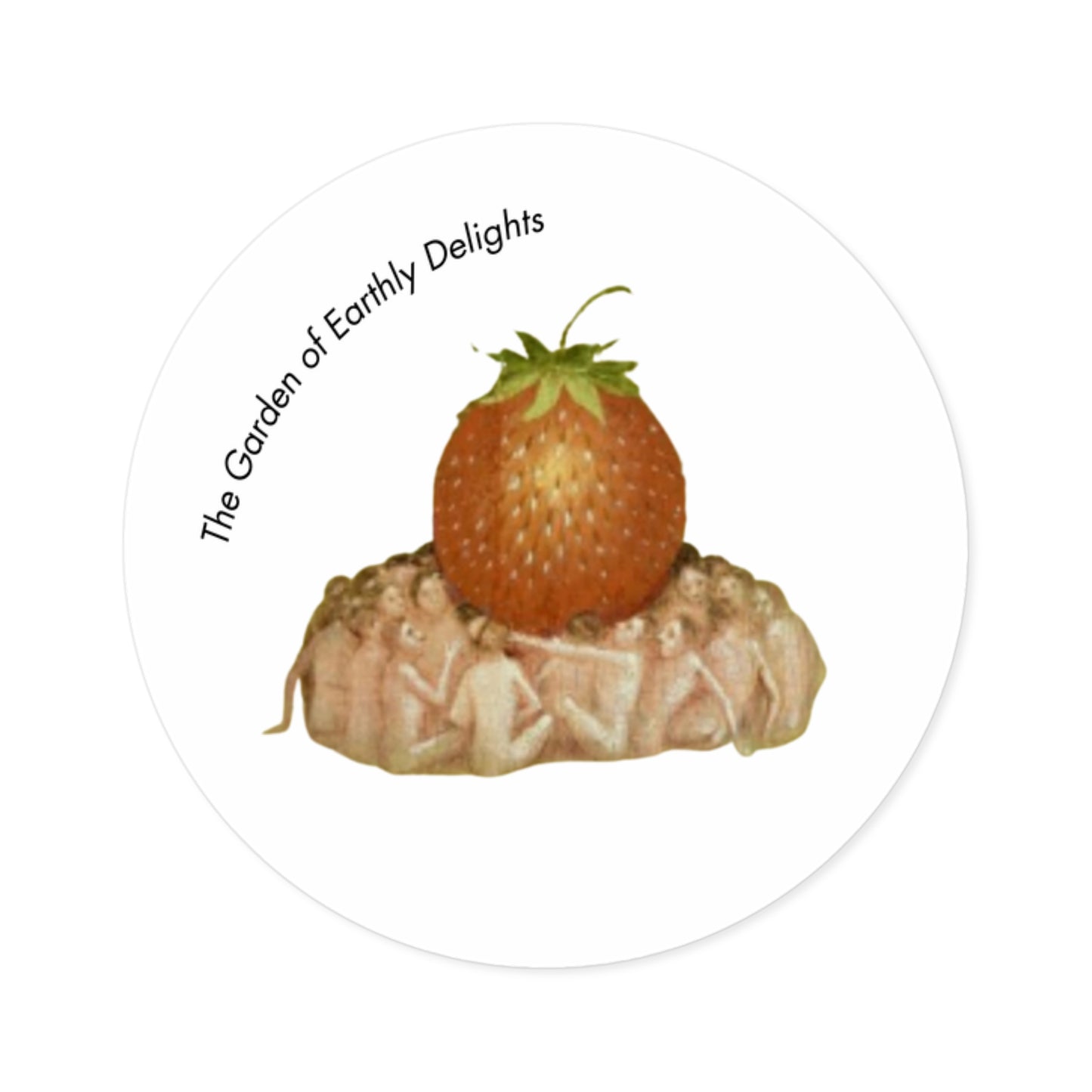 Image of round sticker with detail from Hieronymus Bosch's painting Garden of Earthly Delights.