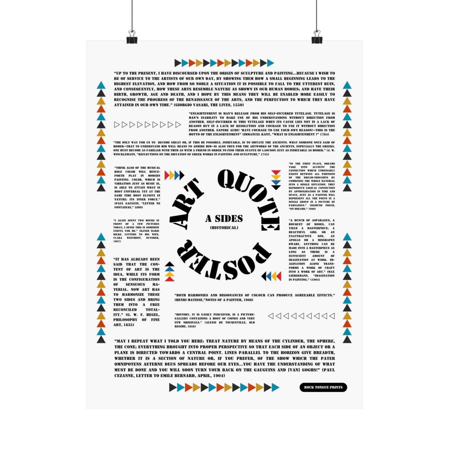 Image of "Art Quote Poster, A Sides" with minimalist Bauhaus-style design and quotes about art from Matisse, Hegel, Kant, and others.