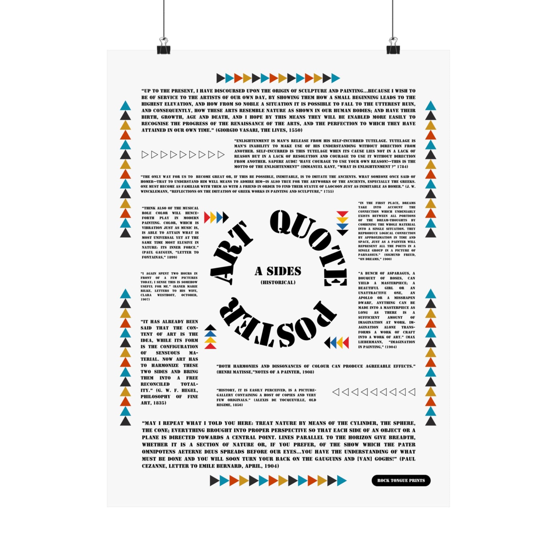 Image of "Art Quote Poster, A Sides" with minimalist Bauhaus-style design and quotes about art from Matisse, Hegel, Kant, and others.