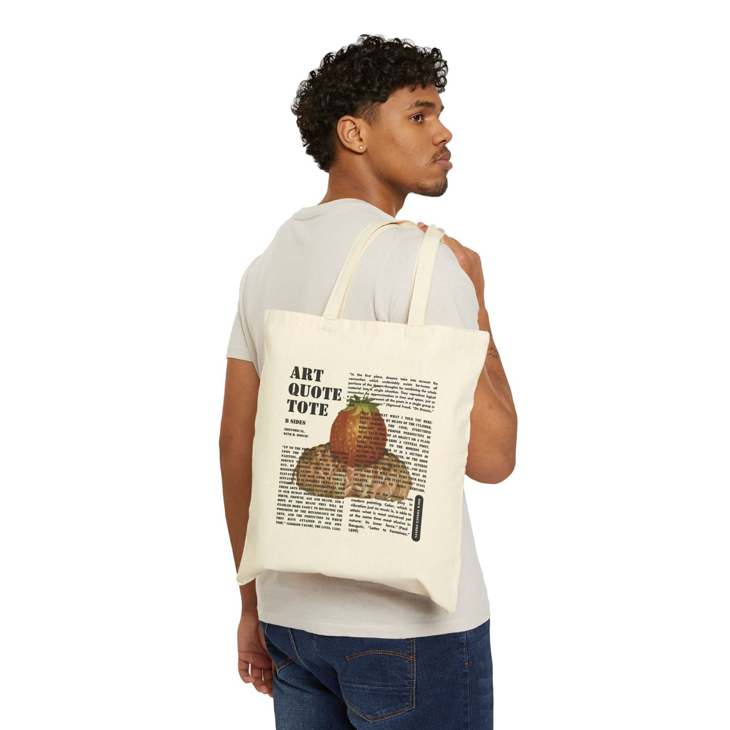 Image of cotton canvas tote held by a man over his shoulder, with large blocks of art-specific text superimposed over an image from a painting by Hieronymous Bosch.