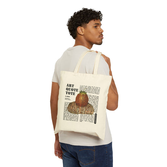 Image of cotton canvas tote held by a man over his shoulder, with large blocks of art-specific text superimposed over an image from a painting by Hieronymous Bosch.