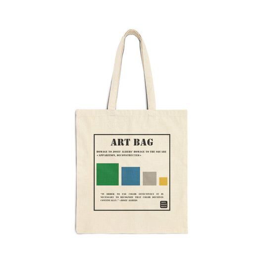 Image of cotton canvas tote printed with large-text words "Art Bag," smaller text saying "Homage to Josef Albers' Homage to the Square (Apparition, Deconstructed) above four colored squares and a quote by the artist Josef Albers on color.