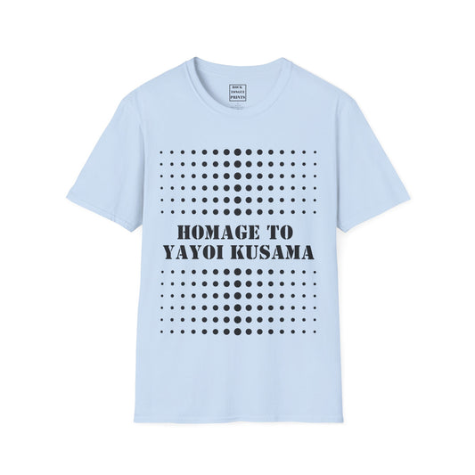 Image of t-shirt with a grid of dots and the words "Homage to Yayoi Kusama."