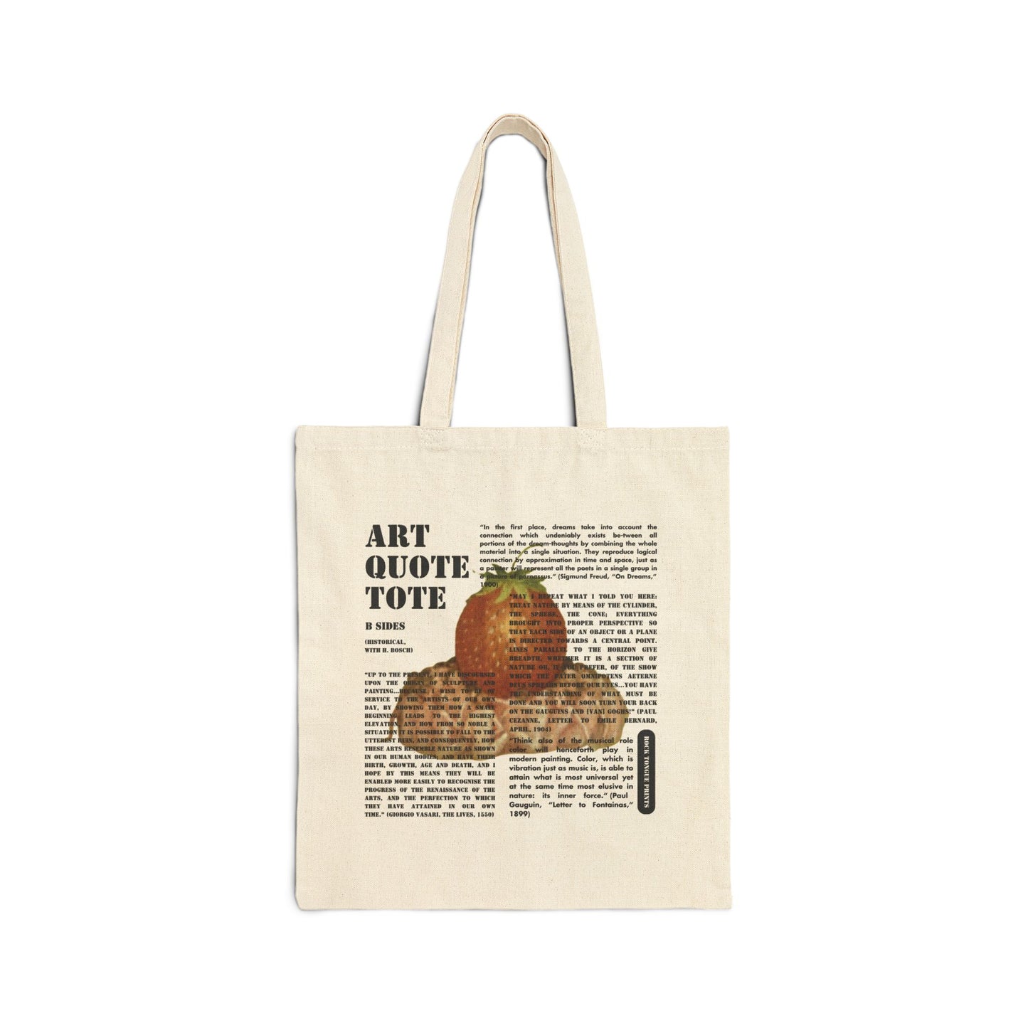 Image of cotton canvas tote with large blocks of art-specific text superimposed over an image from a painting by Hieronymous Bosch.