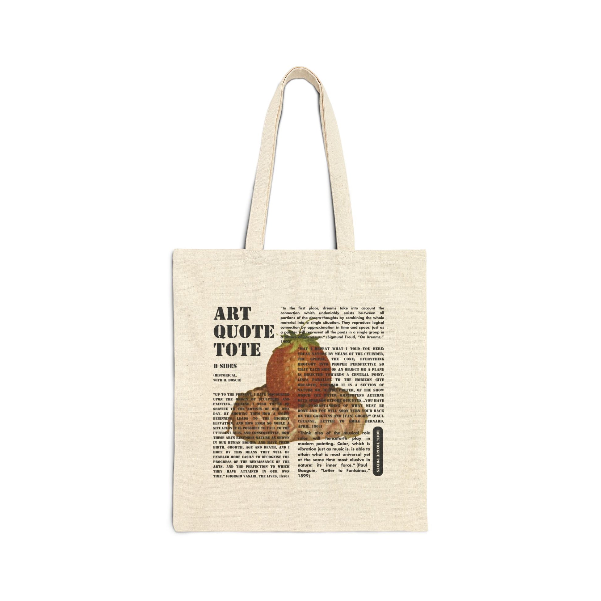 Image of cotton canvas tote with large blocks of art-specific text superimposed over an image from a painting by Hieronymous Bosch.