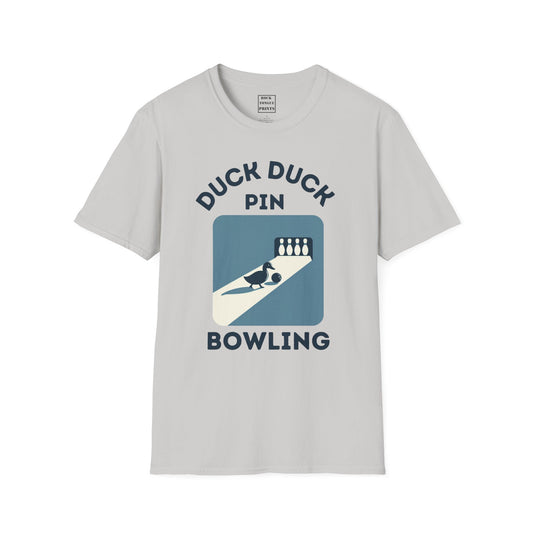 Image of t-shirt with AI-generated image of a duck duck-pin bowling.
