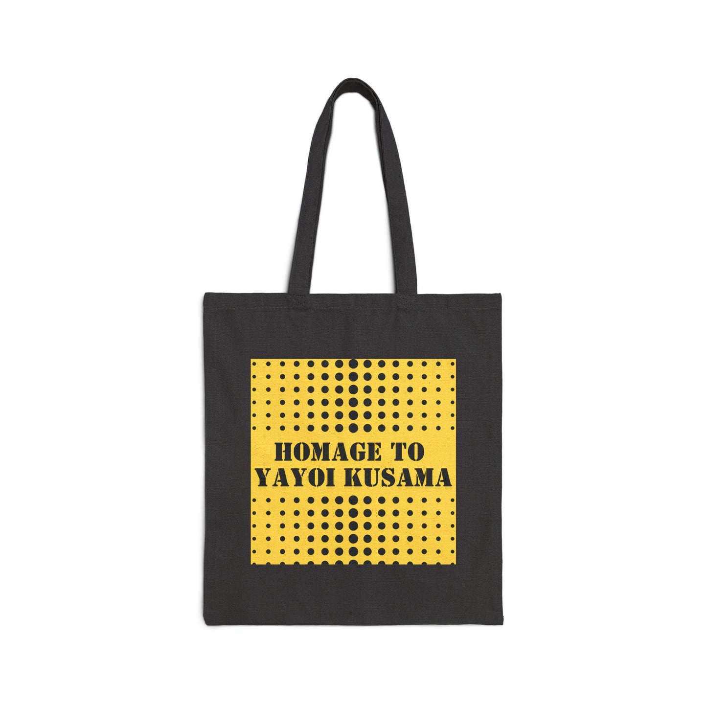 Image of black cotton canvas tote with yellow square filled with dots in rows and the words "Homage to Yayoi Kusama."