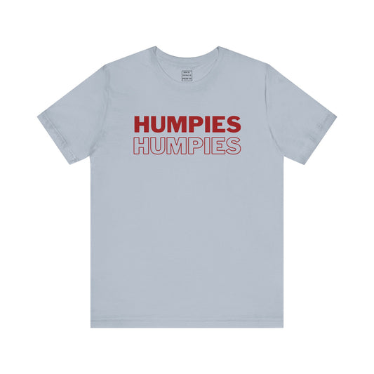 Image of a t-shirt with the word "Humpies" mirrored in red above and in red outline below.
