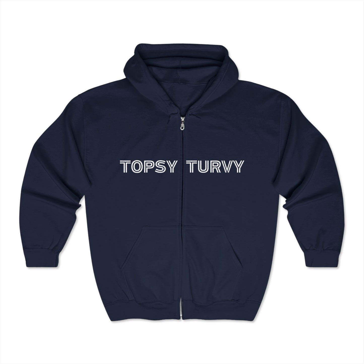 Image of a full-zip hoodie with the words Topsy-Turvy" across the chest.