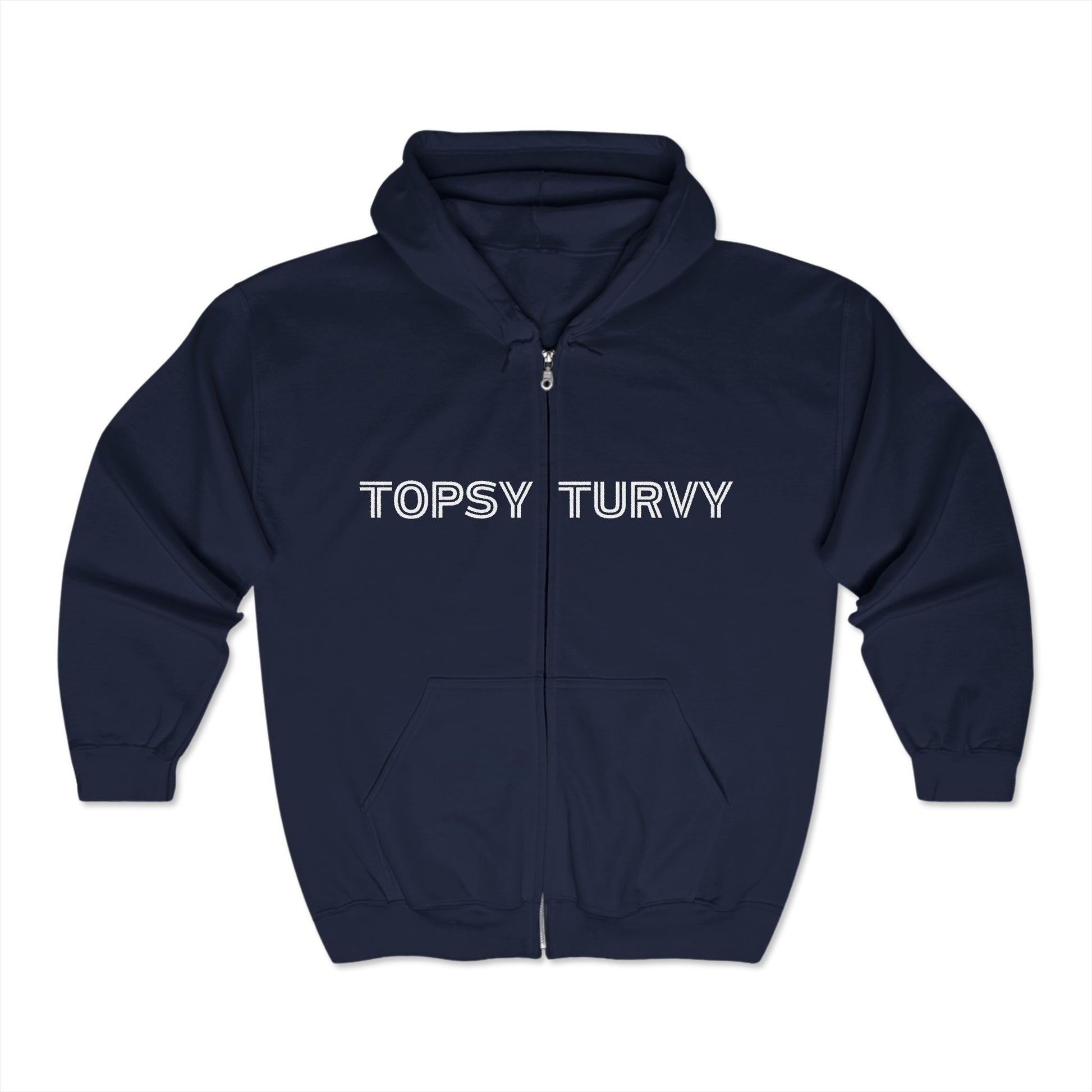 Image of a full-zip hoodie with the words Topsy-Turvy" across the chest.