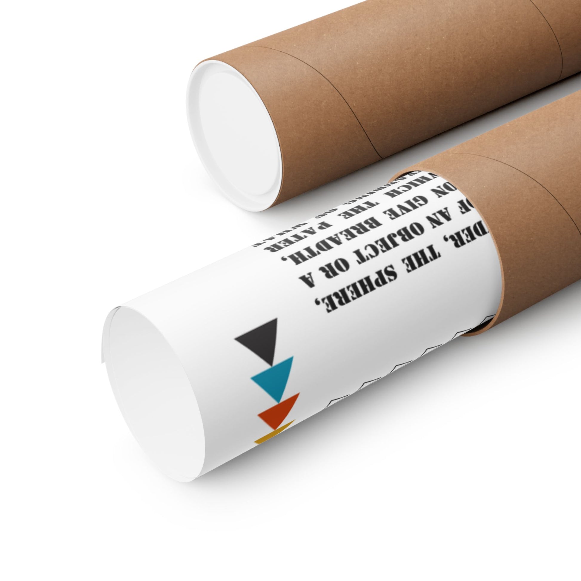 Image of "Art Quote Poster, A Sides" rolled up in shipping tube, with minimalist Bauhaus-style design and quotes about art from Matisse, Hegel, Kant, and others.