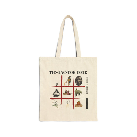 Image of cotton canvas tote with ti-tac-toe board filled with details from art works by Hieronymus Bosch and Marcel Duchamp instead of x's and o's.