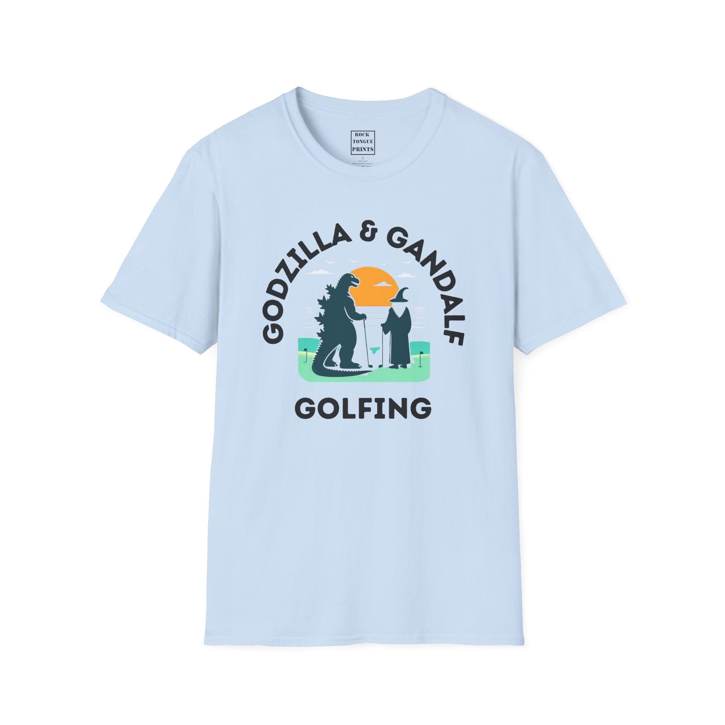 Godzilla & Gandalf Golfing (Unisex Crew T-Shirt) | Rock Tongue Prints