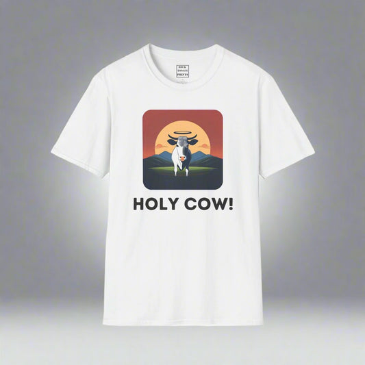 Picture of t-shirt with AI-generated image of a cow with a halo above the words "Holy Cow!"