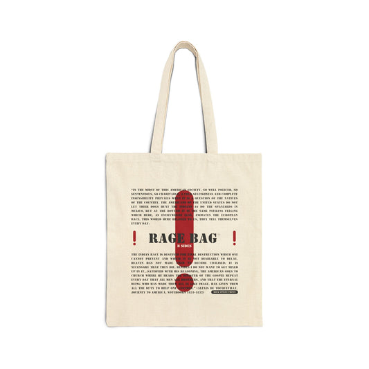 Image of cotton canvas tote with a large red exclamation point, the words "Rage Bag, B Sides," and a quote from Alexis de Tocqueville.