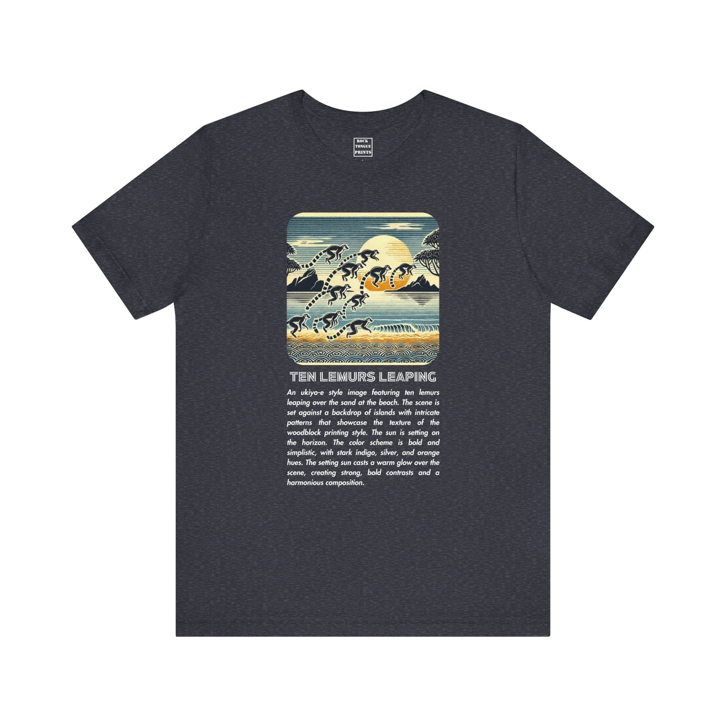 Picture of t-shirt with AI-generated, ukiyo-style image of ten lemurs leaping above the text prompt from which the image was generated. 