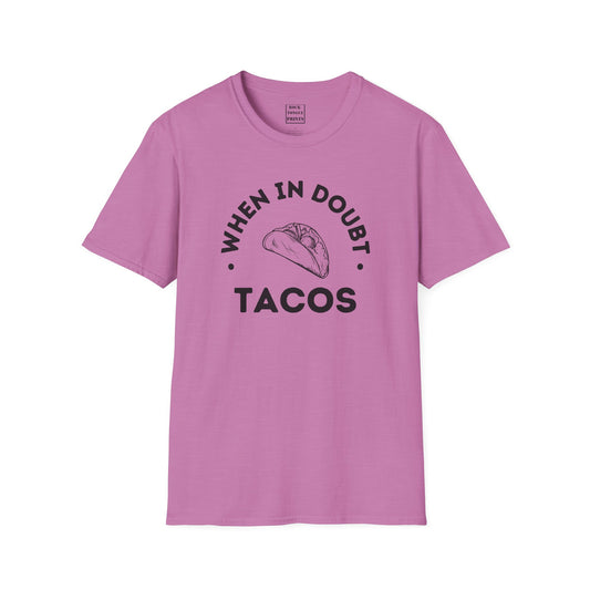 Image of cotton t-shirt with words "when in doubt, tacos" and an image of a taco.