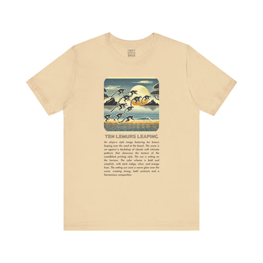 Picture of t-shirt with AI-generated image of ten lemurs leaping above the text prompt from which the image was generated. 