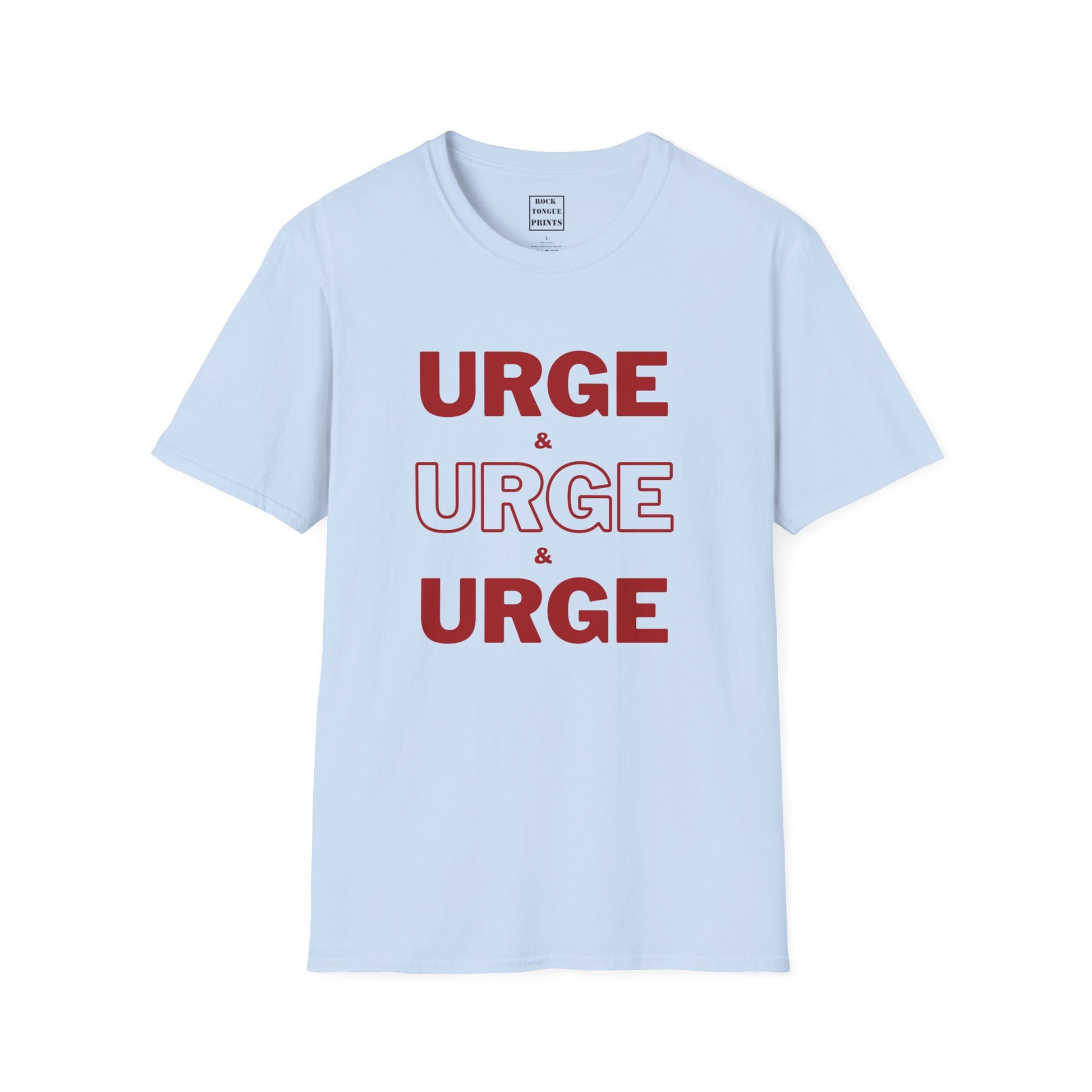 Image of cotton t-shirt with the words "urge & urge & urge" by Walt Whitman on the front.
