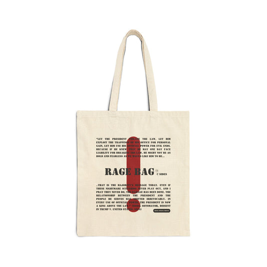 Image of cotton canvas tote with a large red exclamation point, the words "Rage Bag, C Sides," and a quote from a dissent by Sonia Sotomayor.