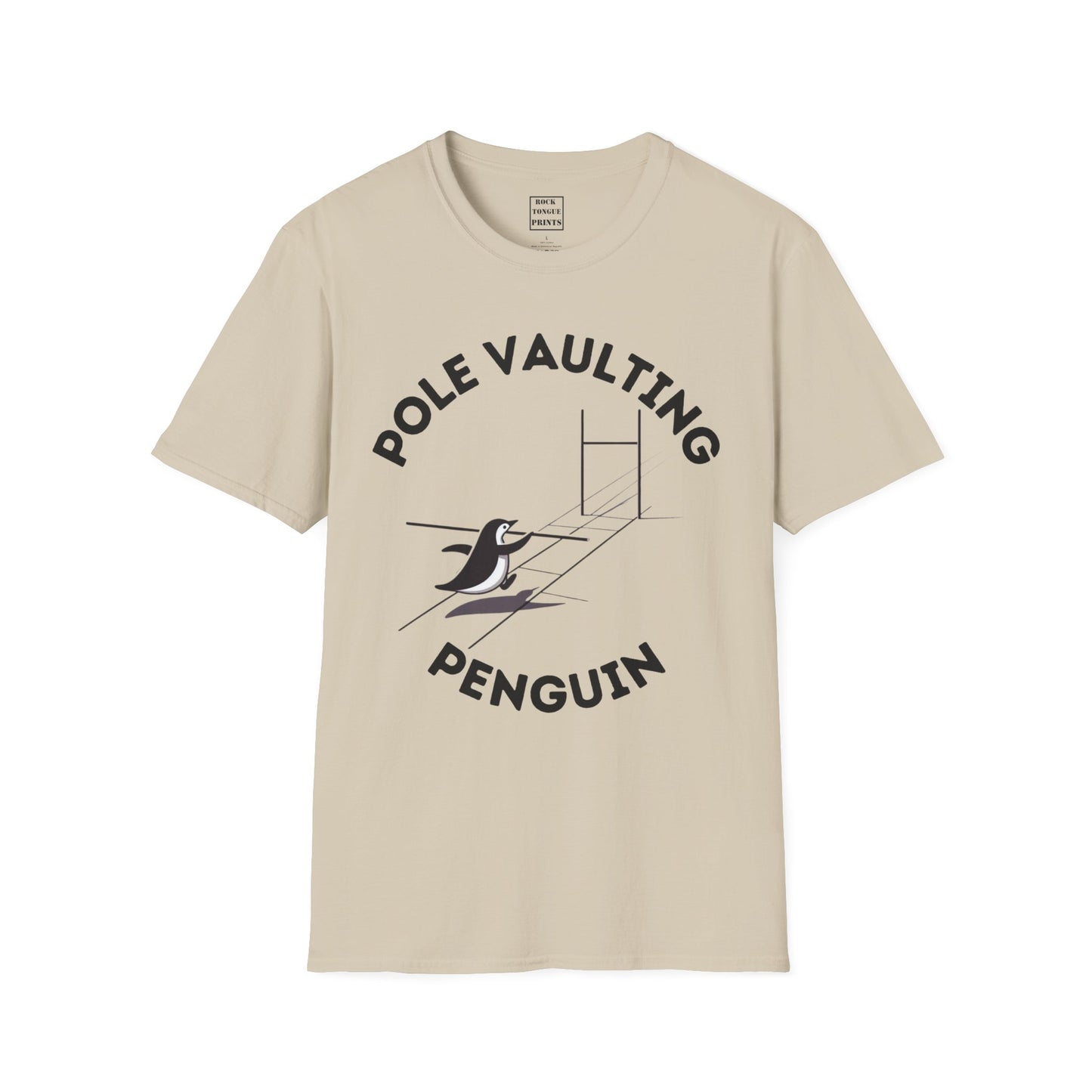 Picture of t-shirt with AI-generated image of a penguin pole vaulting.